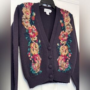 Vintage JH Collectibles Plum Cardigan with Floral Accents - 100% Wool